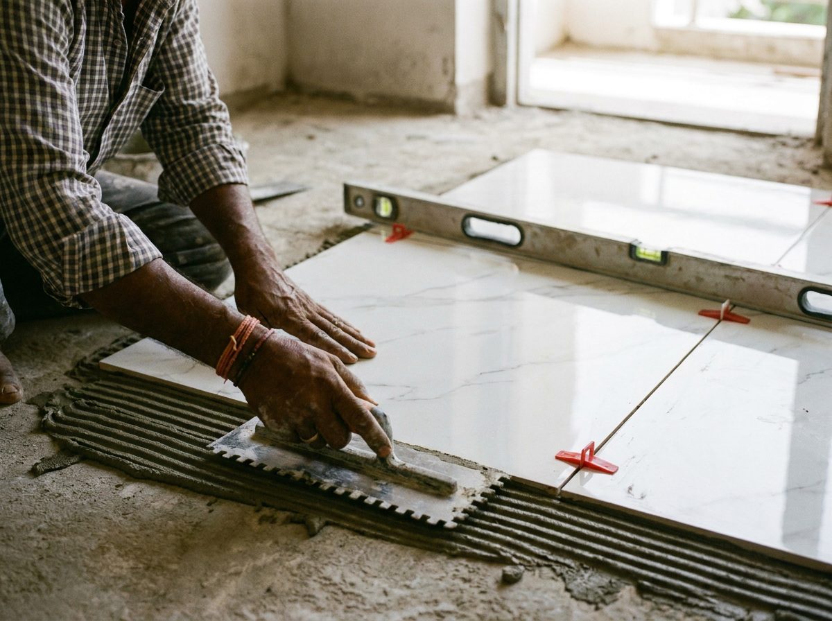 Installer setting a large-format floor tile with spacers and a level
