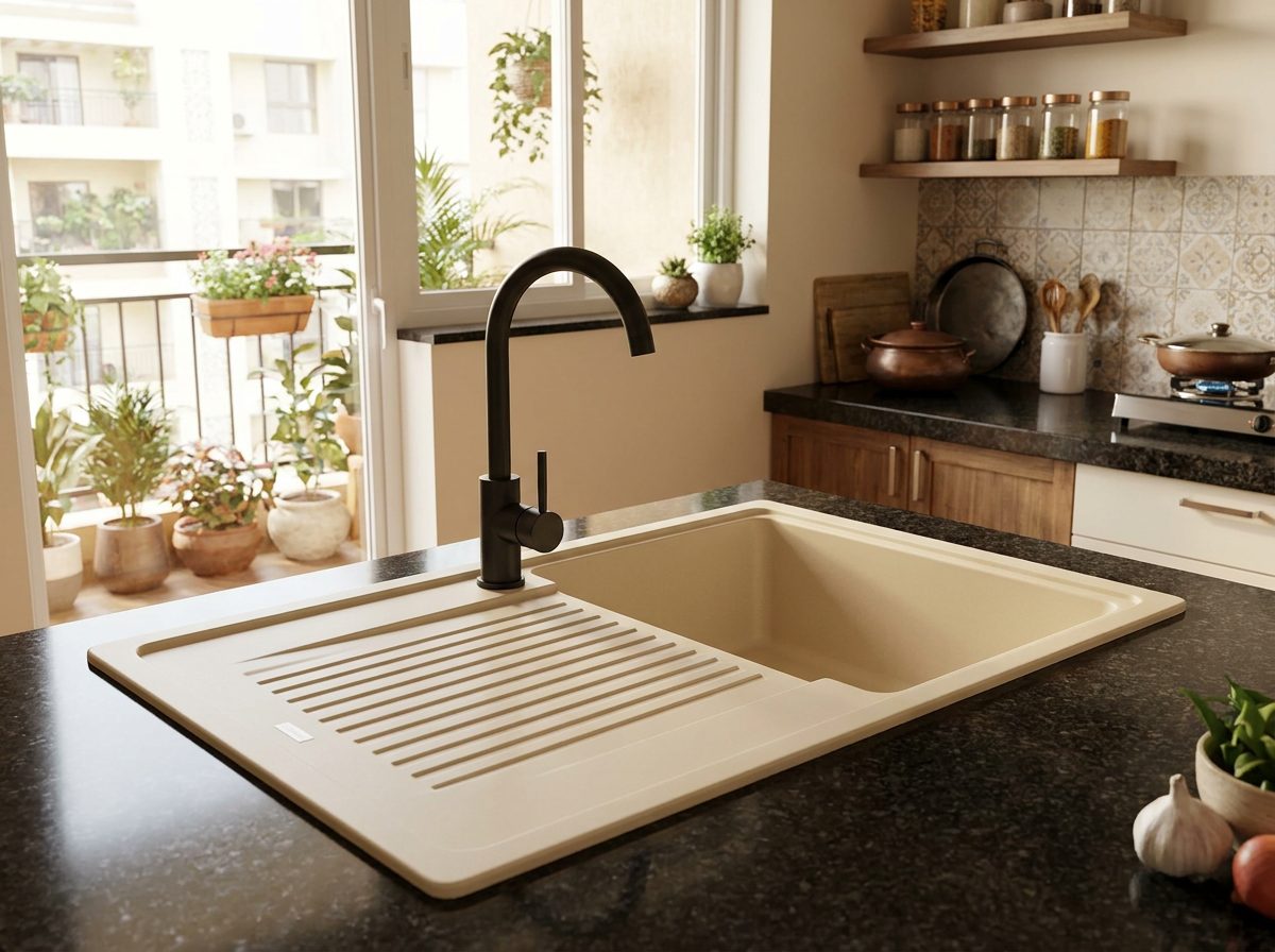 Beige quartz kitchen sink with ribbed drainboard in a dark granite counter