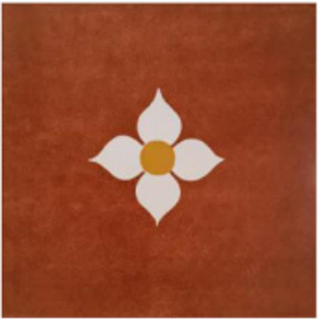 Athangudi Series Blossom Terracotta tile swatch with a four-petal motif on terracotta